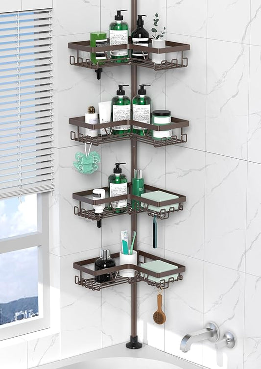 Corner Shower Caddy Tension Pole - Adjustable 4-Tier Shower Shelf Stainless Steel Corner Tension Rod Bathroom Organizer Shamp