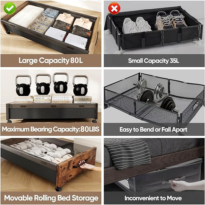 Under Bed Storage with Wheels, 2 Packs Wooden Storage Containers Extra Large Underbed Shoes Organizer, Rolling Under Bed Stor