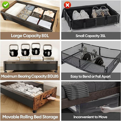 Under Bed Storage with Wheels, 2 Packs Wooden Storage Containers Extra Large Underbed Shoes Organizer, Rolling Under Bed Stor