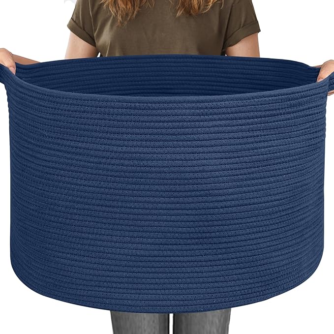 MEGASKET 115L Dark Blue Basket for Organizing, 23.6" x 15.7" XXXL Woven Cotton Rope Laundry Basket, Oversized Blanket Storage