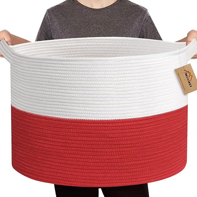 MEGASKET Large Red Baskets for Storage, 22x14 Wicker Woven Storage Basket, Blanket Organizer, Kids Toy Bin Box, Bathroom Beac