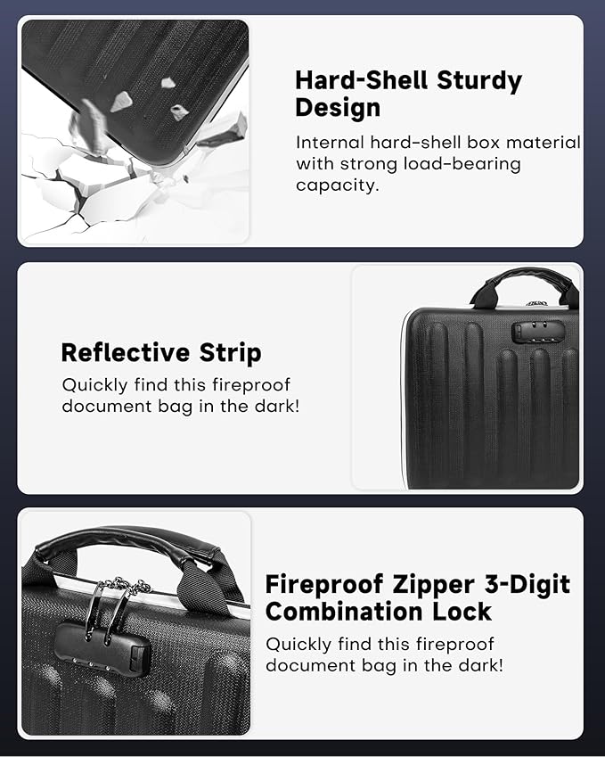 DOZAWA Fireproof Document Box, Hard Case Document Organizer with Lock, 13 Pockets Accordion File Folder with Reflective Strip