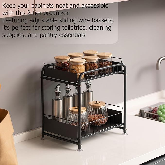 Basicwise Under Sink Organizer Sliding Wire Baskets Adjustable 2-Tier Metal Storage Rack for Bathroom Kitchen or Utility Cabi