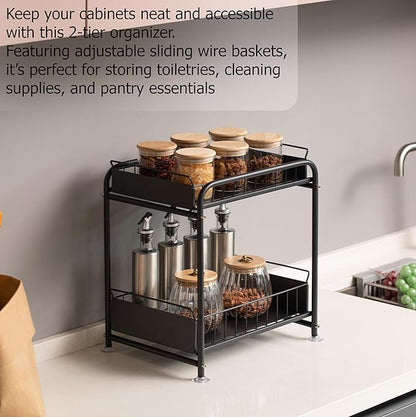 Basicwise Under Sink Organizer Sliding Wire Baskets Adjustable 2-Tier Metal Storage Rack for Bathroom Kitchen or Utility Cabi