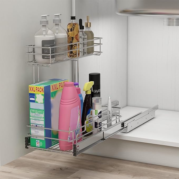 Under Sink Organizer 9" W X17 D, Pull Out Cabinet Organizer 2 Tier, Under Sink Slide Out Chrome Plated, Under Kitchen Bathroo
