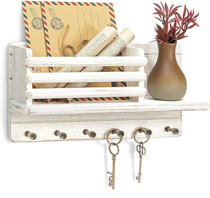 Rebee Vision Farmhouse Pine Wood Key Holder Wall Mount - Key Holder for Wall with Wooden Floating Shelf & 6 Sturdy Hooks - St