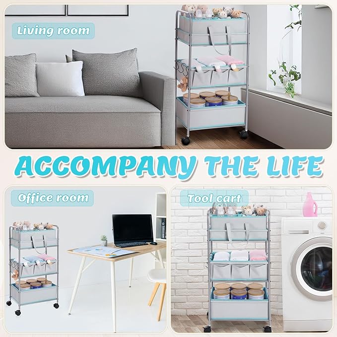 FoldTier 2in1 Colorful Baby Diaper Caddy Organizer Cart 3 Tier Large Capacity Metal Utility Bedside Rolling Cart with Divider
