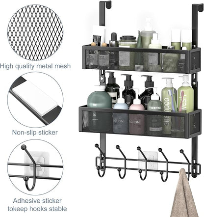 Adjustable Over The Door Hooks Organizer, Door Hanger Coat Rack with 2 Mesh Baskets and 10 Hooks, Back of Door Storage Organi