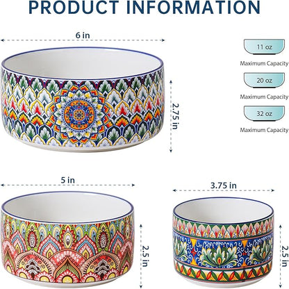 Henten Home Ceramic Serving Bowls with Lid, Colorful Nesting Bowl Set of 3, Porcelain Boho Bowls for Prep, Food Storage, Meals, Micreowave & Dishwasher Safe, 10/20/32 oz
