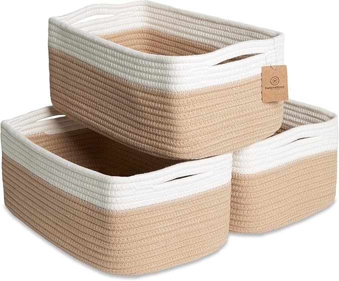 NaturalCozy 13.5”x8.5”x5.5” Storage Baskets for Shelves 3 Pack | Cotton Rope Woven Small Baskets for Organizing | Small Stora