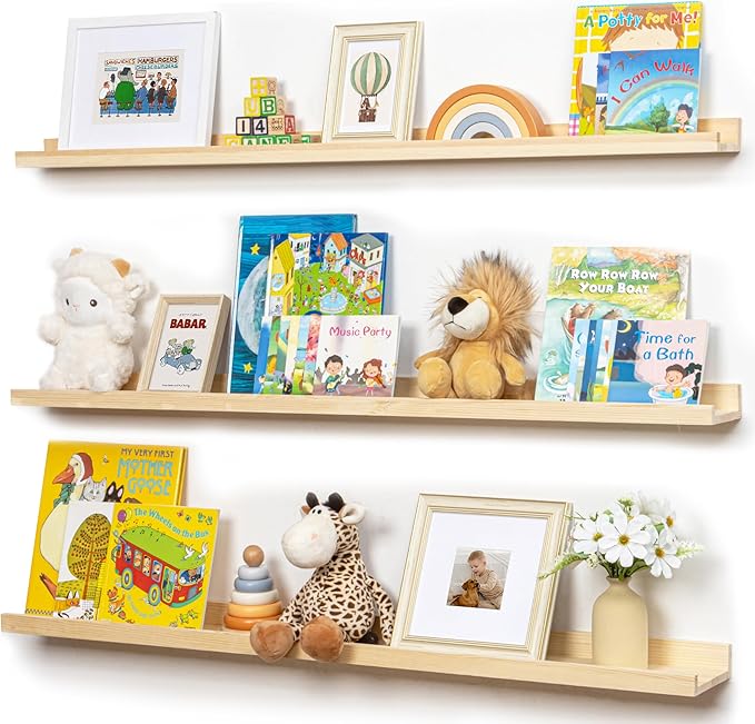 Picture Ledge Shelf for Wall, 48 inches Solid Pine Wood Nursery Book Shelves 3 Packs, Floating Ledge Shelves for Kids' Room B