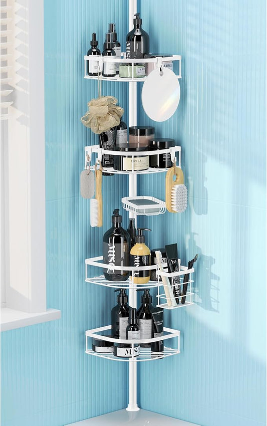 Shower Caddy Tension Pole, 4-Tier Adjustable Corner Shower Standing Caddy, Rustproof Shower Rack for Bathroom Bathtub, with 4