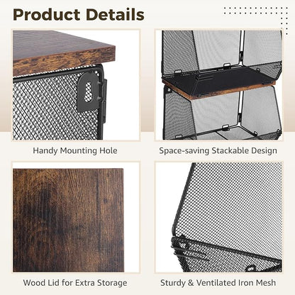 Joyibay 4 Pcs Stackable Fruit Baskets, Metal Mesh Wall Storage Baskets with Wooden Lids, Folding Wire Organizers for Kitchen 