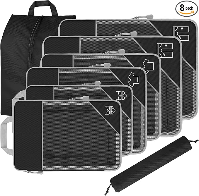 8 Set Compression Packing Cubes for Travel, Expandable Luggage Organizer with Shoe Bag & Laundry Bag - Lightweight Suitcase &