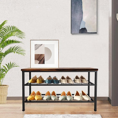 3-Tier Metal Shoe Rack with Wood Top - Durable & Space-Saving Shoe Organizer,Industrial Shoe Organizer Shelf Bench Storagefor