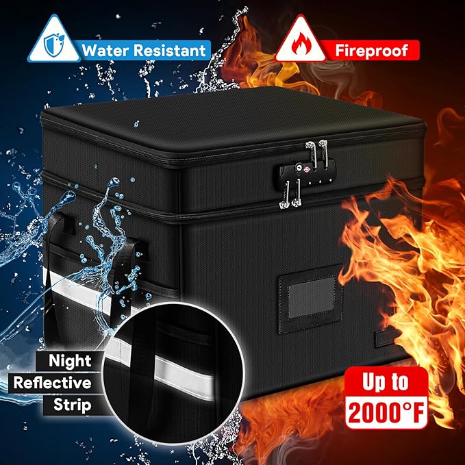 ETRONIK Fireproof Document Box with Lock, 2 Layer File Cabinet Organizer with 5 Tab Inserts, Portable Office Collapsible File