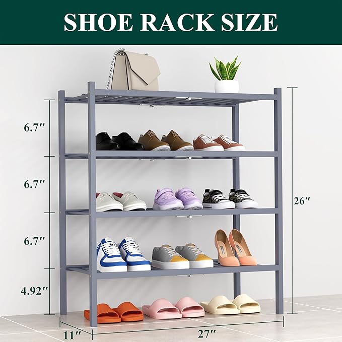 Smiry Shoe Rack, 4 Tier Thick Bamboo Shoe Organizer, Stackable Free Standing Wooden Shoe Storage Shelf for Closet, Entryway, 
