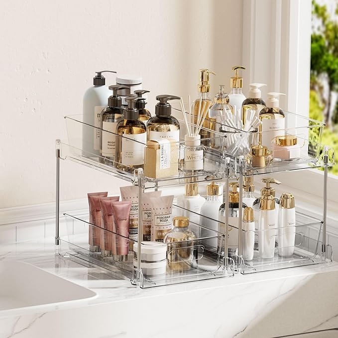 Vtopmart 2 Tier Bathroom Storage Organizer, 2 Pack Clear Under Sink Organizers Vanity Counter Container, Cabinet Drawers Bins