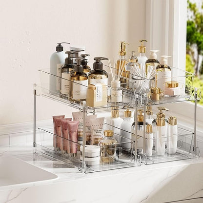 Vtopmart 2 Tier Bathroom Storage Organizer, 2 Pack Clear Under Sink Organizers Vanity Counter Container, Cabinet Drawers Bins