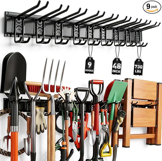 ELEAD 9-Pairs Heavy Duty Garage Tool Organizer Wall Mount Hooks, 48 Inches 730 lbs Garden Tool Organizer with Adjustable Hook