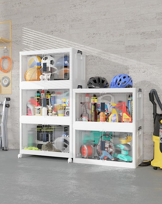 OlarHike 97QT Stackable Storage Bins with Lids - Folding Storage Box with Doors and Wheels, Collapsible Plastic Storage Drawe