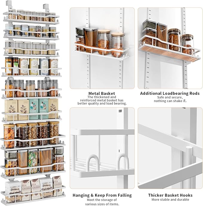 Over The Door Pantry Organizer, 9-Tier Over The Door Organizer with Adjustable Baskets, Metal Hanging Spice Rack for Pantry O