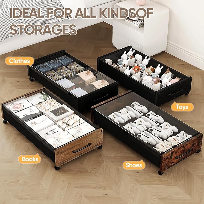 Under Bed Storage with Wheels, 2 Packs Wooden Storage Containers Extra Large Underbed Shoes Organizer, Rolling Under Bed Stor