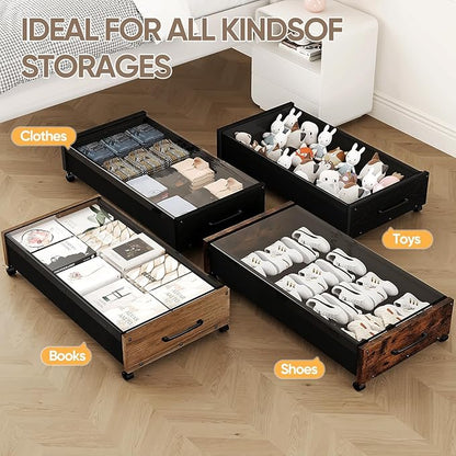 Under Bed Storage with Wheels, 2 Packs Wooden Storage Containers Extra Large Underbed Shoes Organizer, Rolling Under Bed Stor