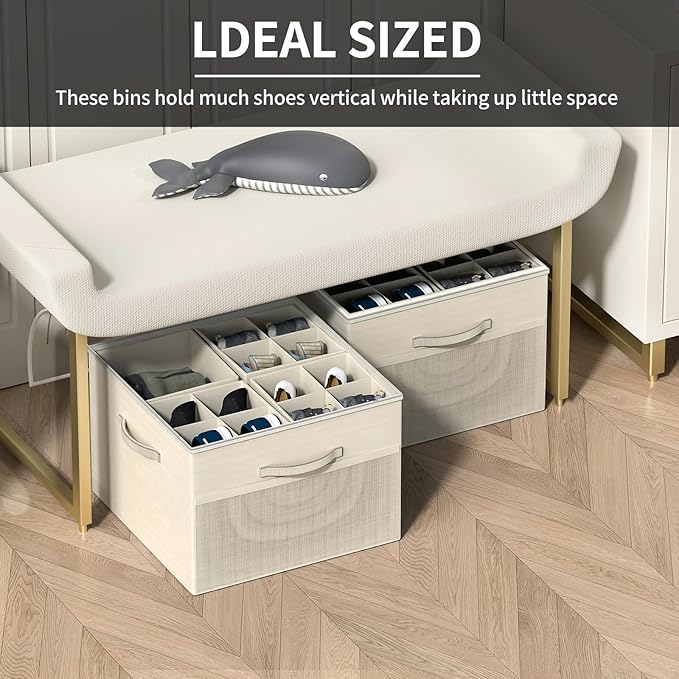 Aokeyee Shoe Organizer for Closet,2 Pack Foldable Shoe Storage Organizer Box Bin with Adjustable Dividers and Clear Cover, Fi