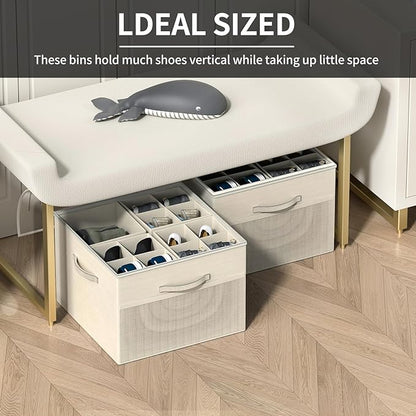 Aokeyee Shoe Organizer for Closet,2 Pack Foldable Shoe Storage Organizer Box Bin with Adjustable Dividers and Clear Cover, Fi