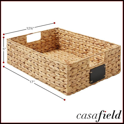 Casafield Set of 4 Water Hyacinth Pantry Baskets, 12-1/2" x 17" x 5", with Chalkboard Labels and Chalk Marker - Natural, Wove