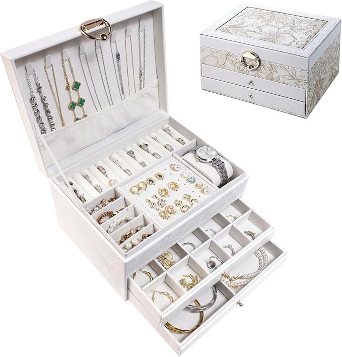 TOFUNTOY Jewelry Organizer Box, Large Jewelry Boxes for Women, 3-Layer Jewelry Holder Organizer for Necklace Earrings Rings B