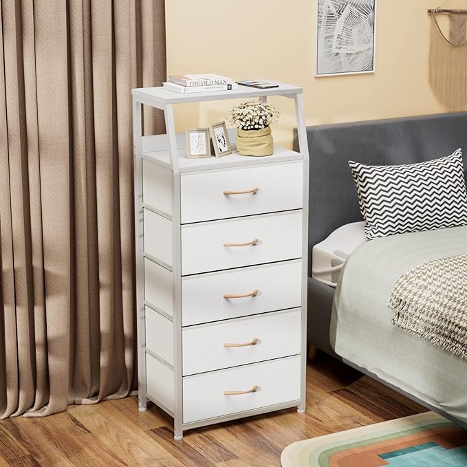 Furnulem White Dresser with 5 Drawers, Vertical Storage Tower Fabric Dresser for Bedroom, Hallway, Entryway, Nursery, Closet 