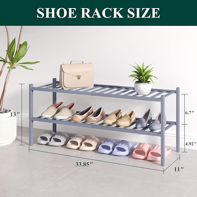 Smiry Bamboo Shoe Rack for Closet, 2 Tier Long Wooden Stackable Shoe Organizer, Free Standing Shoes Storage Shelf for Entrywa
