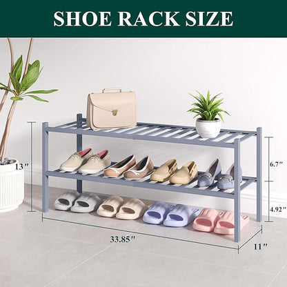 Smiry Bamboo Shoe Rack for Closet, 2 Tier Long Wooden Stackable Shoe Organizer, Free Standing Shoes Storage Shelf for Entrywa