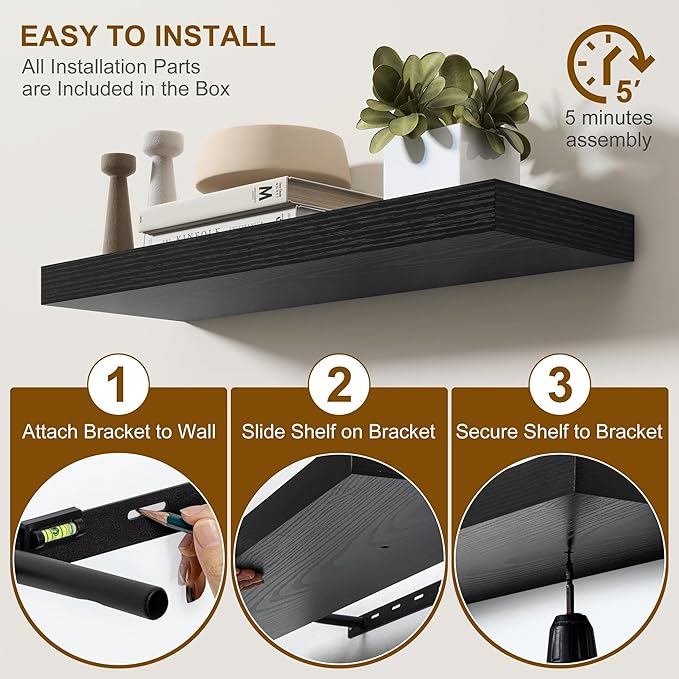 Fun Memories 60 Inch Fireplace Mantel - Long Floating Shelf, Wall Mounted Farmhouse Display with Invisible Heavy Duty Metal B