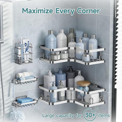 Veken Corner Shower Caddy 5-Pack, Advanced Rustproof Design, No Drilling Adhesive Shelves, Rack with Soap Holder, Large Capac