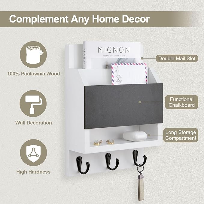 Key and Mail Holder for Wall, Key Holder with Chalkboard and Long Storage Box, Key Hanger with 3 Sturdy Hooks for Coat, Dog L