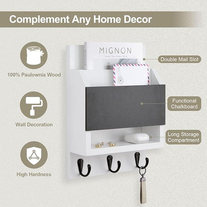 Key and Mail Holder for Wall, Key Holder with Chalkboard and Long Storage Box, Key Hanger with 3 Sturdy Hooks for Coat, Dog L