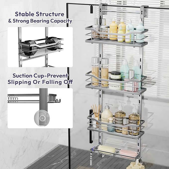 SWTYMIKI Over the Door Shower Caddy - 4 Tier Adjustable Shower Organizer Hanging with Soap Holder, No Drilling Stainless Stee