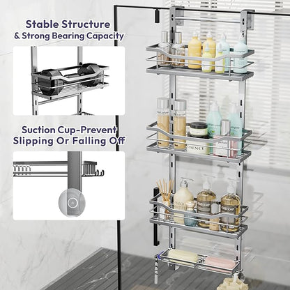 SWTYMIKI Over the Door Shower Caddy - 4 Tier Adjustable Shower Organizer Hanging with Soap Holder, No Drilling Stainless Stee