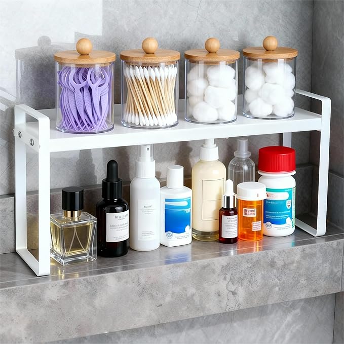Small Expandable Medicine Cabinet Shelf, 3.58” Wide Metal Storage Stand with Adjustable Layers & Non-Slip Pads for Kitchen, P