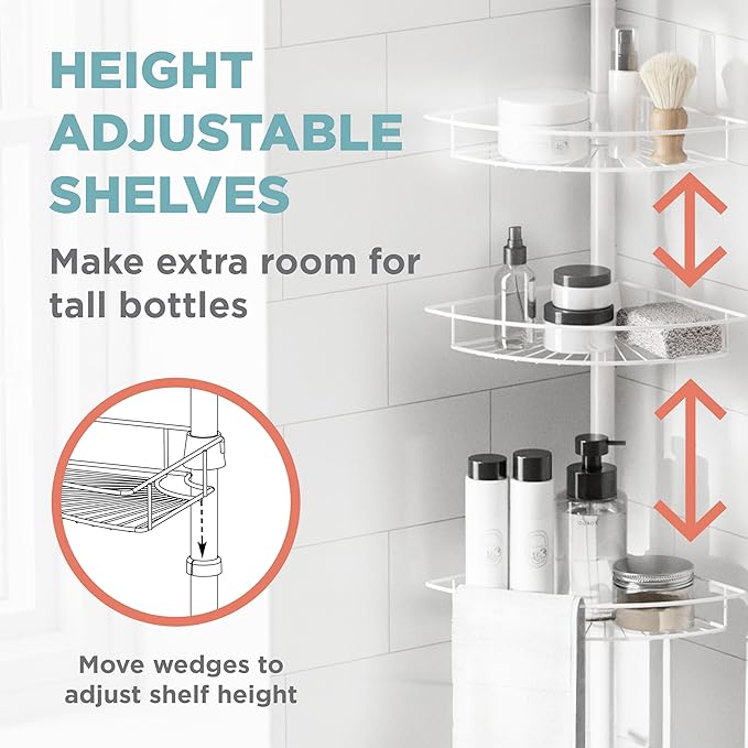 Zenna Home Tension Pole Shower Caddy Corner Organizer, Adjustable Standing Shower Caddy with 4 Baskets and Built in Towel Bar