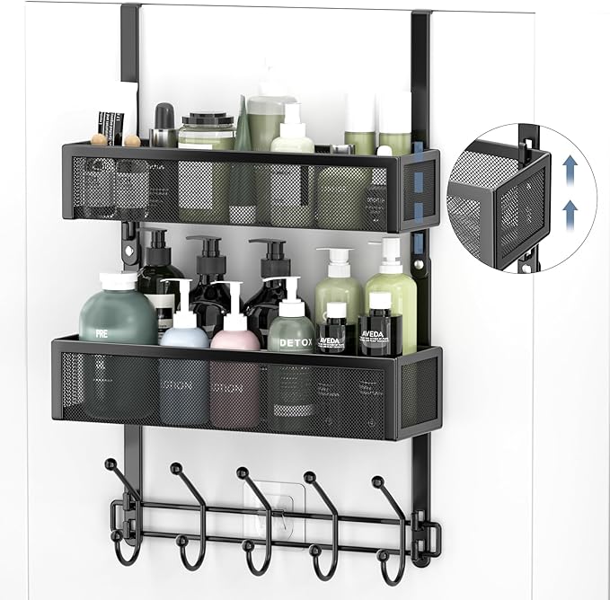 Adjustable Over The Door Hooks Organizer, Door Hanger Coat Rack with 2 Mesh Baskets and 10 Hooks, Back of Door Storage Organi
