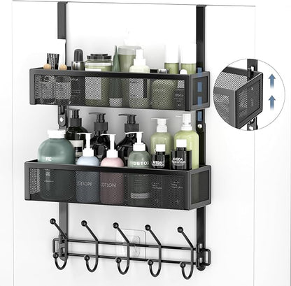 Adjustable Over The Door Hooks Organizer, Door Hanger Coat Rack with 2 Mesh Baskets and 10 Hooks, Back of Door Storage Organi