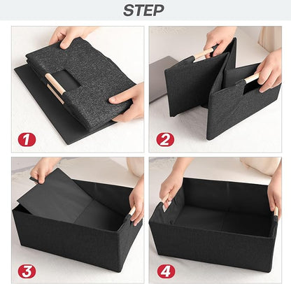 ANMINY 4PCS Storage Bins Set Large Foldable Cotton Linen Fabric Storage Baskets Box with Wood Handles Decorative Shelf Cube C