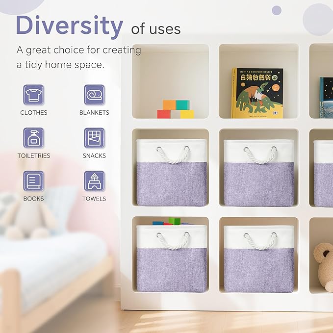 FinishingBo Large 11x11 Inch Cube Storage Bins with Cotton Handles for Closet, Shelves, Clothes, Towel (White/Purple-6 Pack)