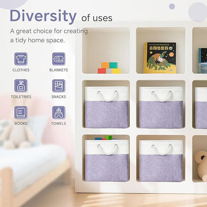 FinishingBo Large 11x11 Inch Cube Storage Bins with Cotton Handles for Closet, Shelves, Clothes, Towel (White/Purple-6 Pack)