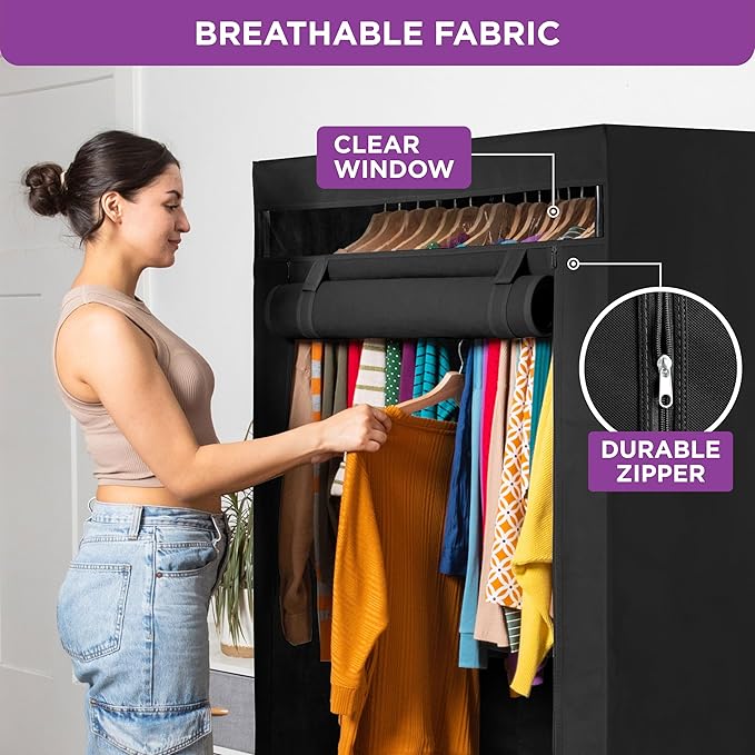 HOLDN’ STORAGE Portable Wardrobe Closet - 50 lb Capacity, Internal Heavy Duty Metal Rod, Zipper & Clear Window, Durable Cloth