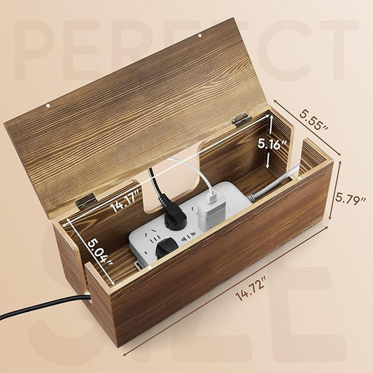 Large Cable Management Box - Burnt Wood Cable Organizer Box and Power Strip Box for Electrical Cord Management - Hide Desk Cord and Floor Cables - Wire Storage and Organization for Cords